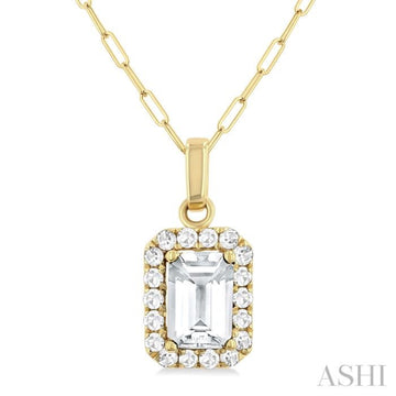 6x4 MM Octagonal Shape White Topaz and 1/6 Ctw Round Cut Diamond Halo Semi-Precious Pendant with Chain in 14K Yellow Gold